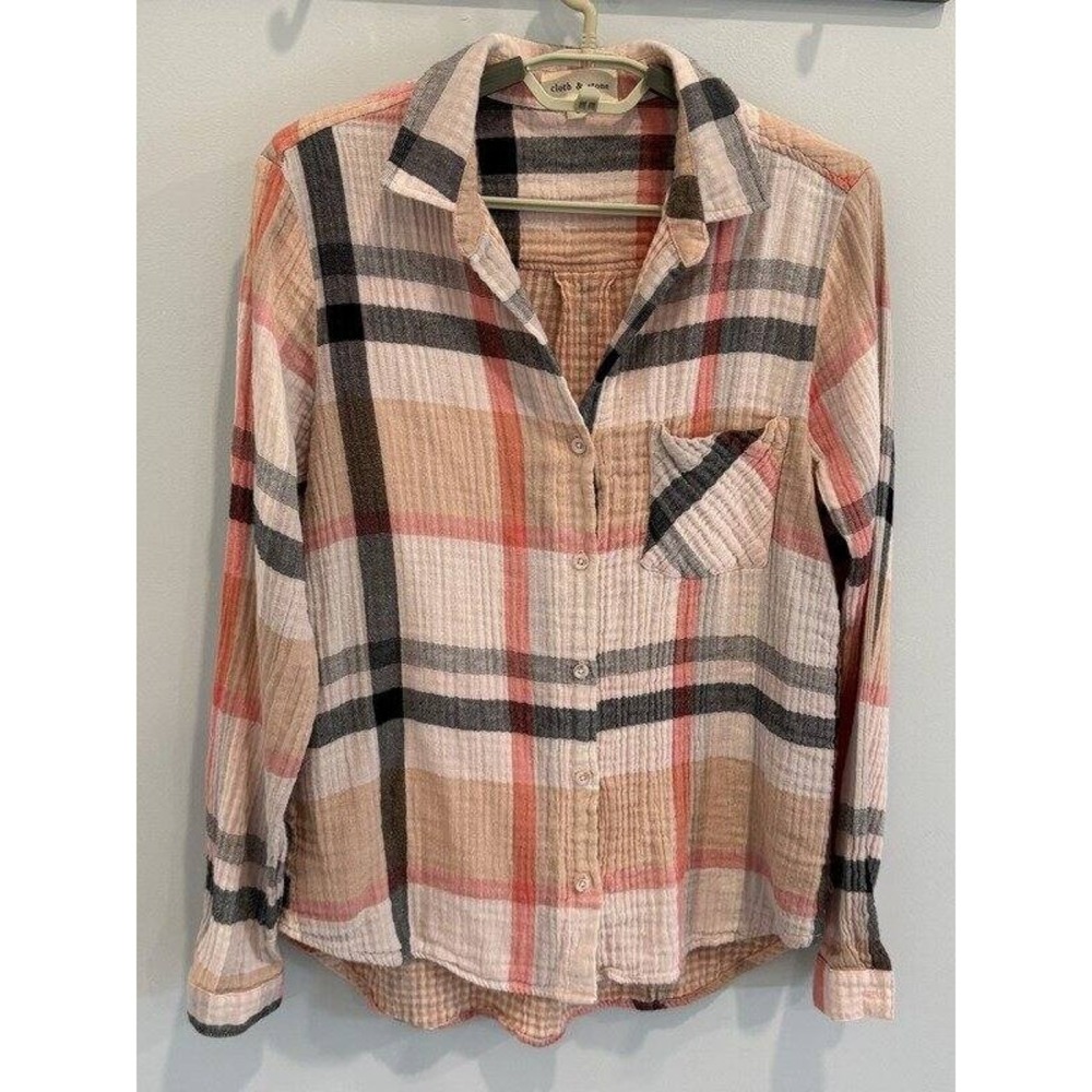 Cloth & Stone Plaid Double Cloth Button Front Long Sleeve Shirt Pink Peach L